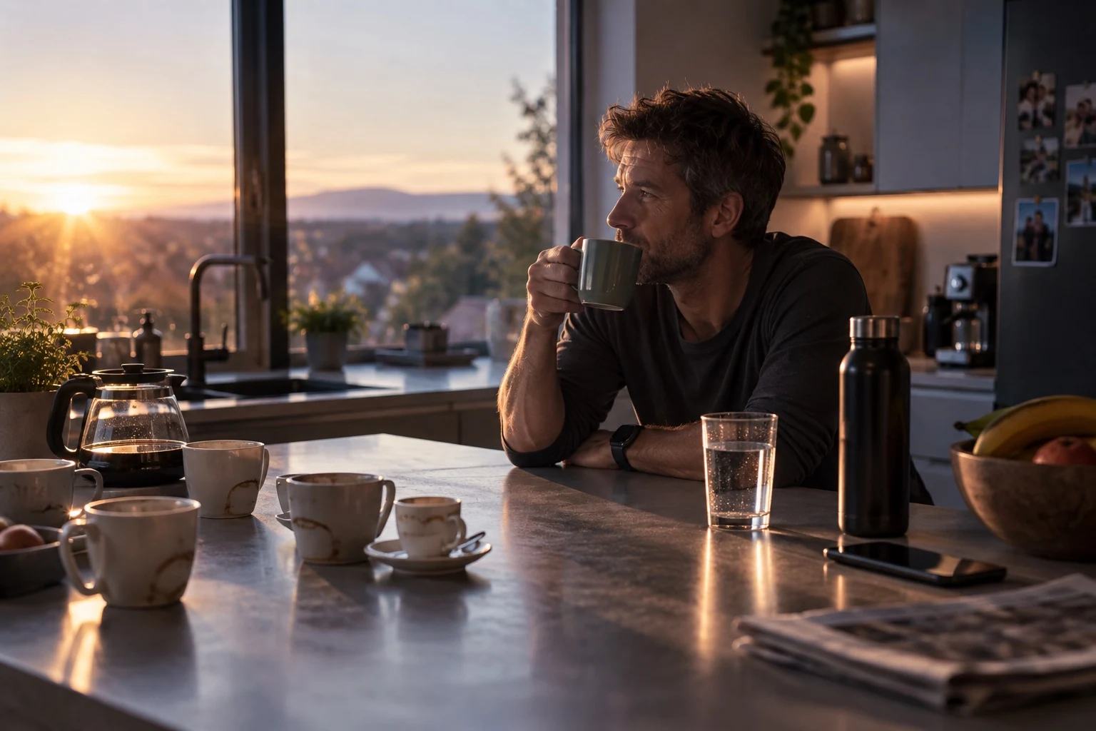 A man having coffee in a morning kitchen with several cups on the counter