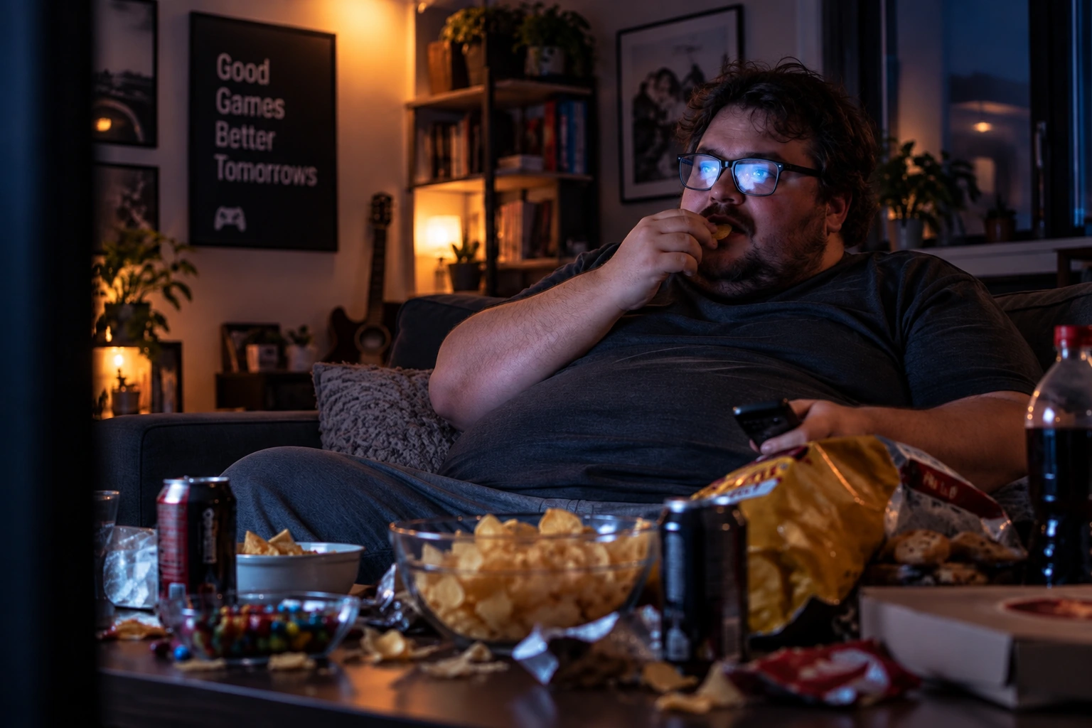 A man snacking absent-mindedly while watching television at home